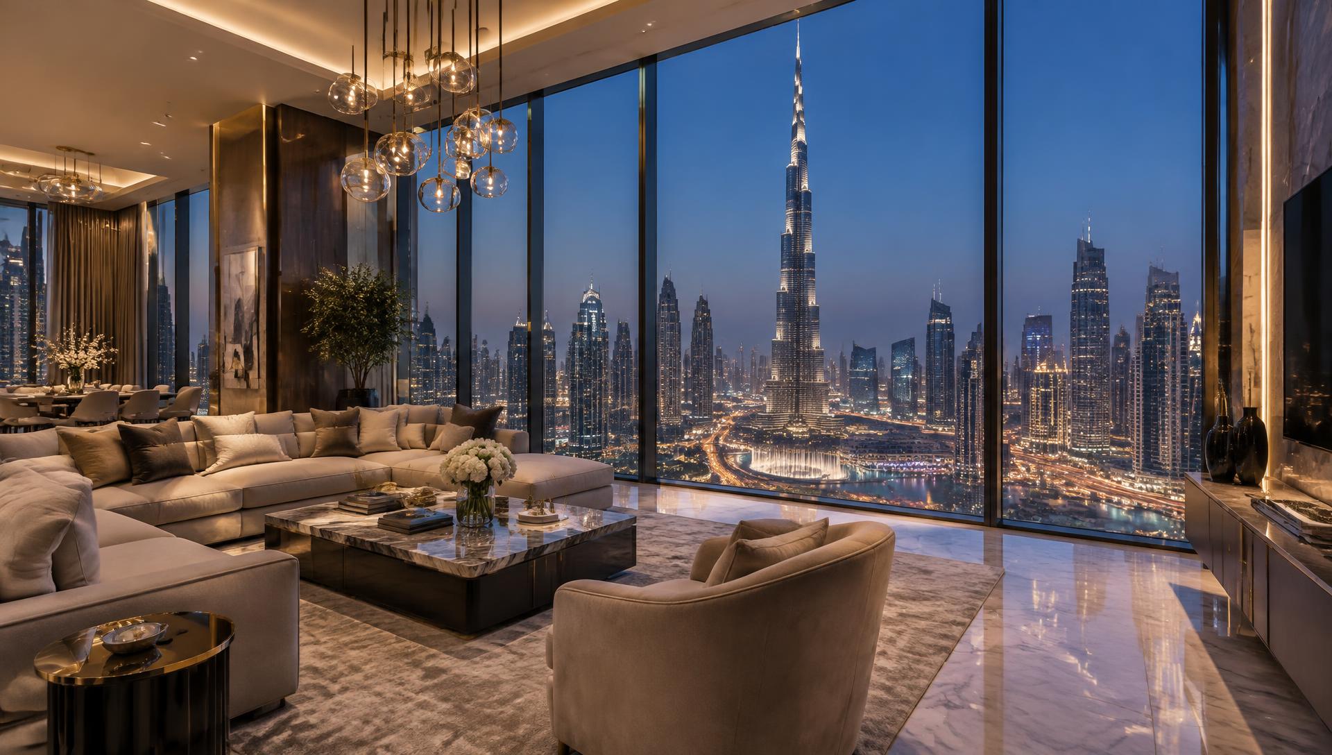 Luxury penthouse overlooking Burj Khalifa at night